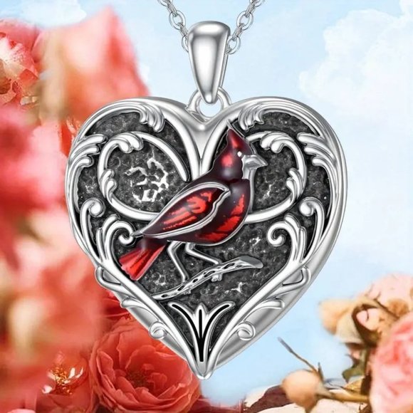 Heart Cardinal Pendant Necklace Red Bird Filigree New Gift Heaven Memorial - Picture 1 of 4